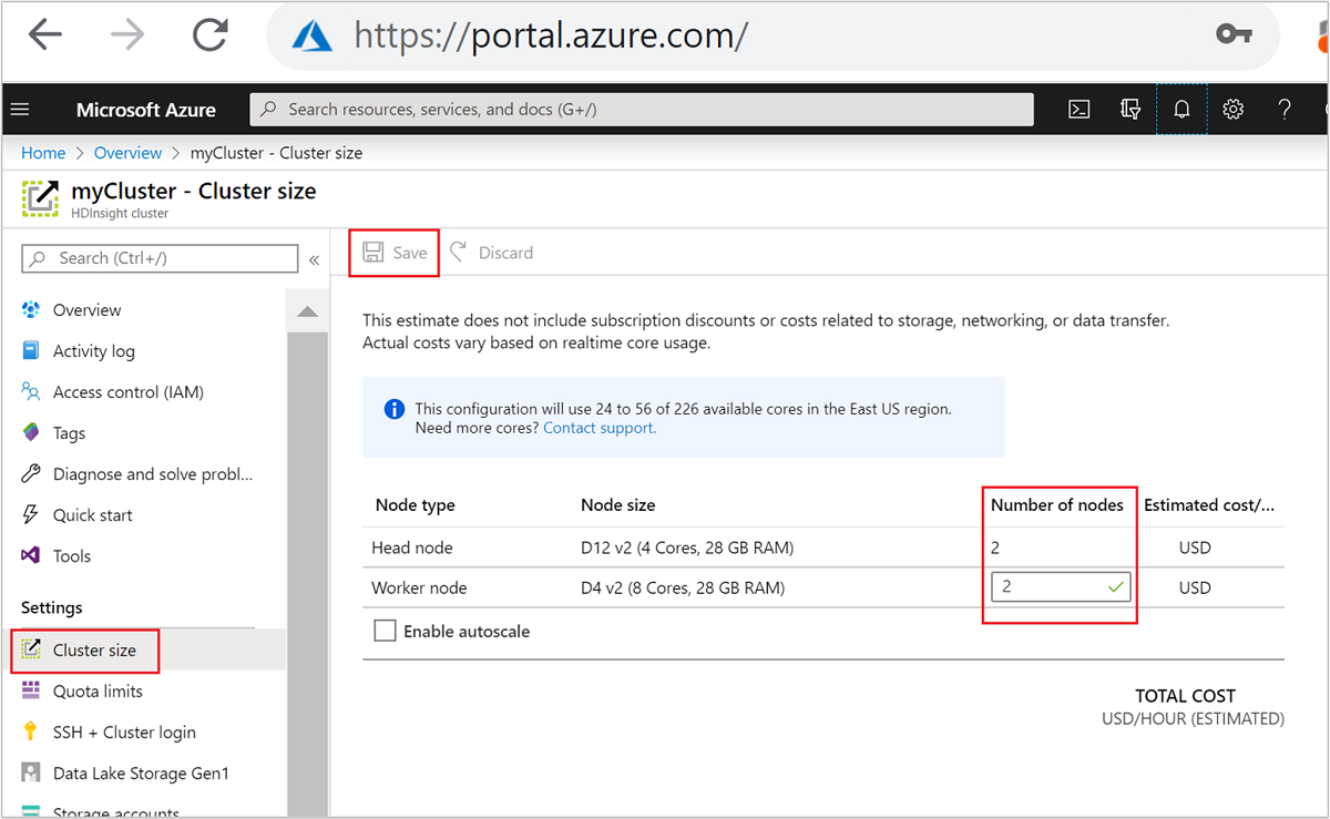 Dimensionamento del cluster nel portale di Azure.