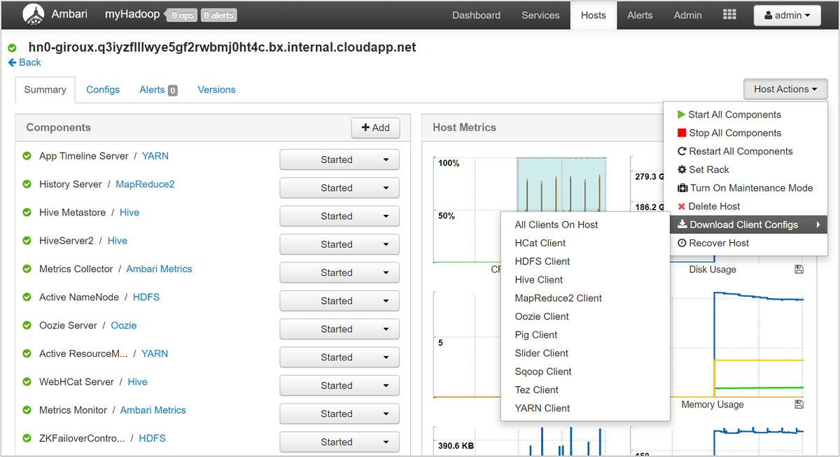 Opzione Download Client Configs del menu Host di Apache Ambari.