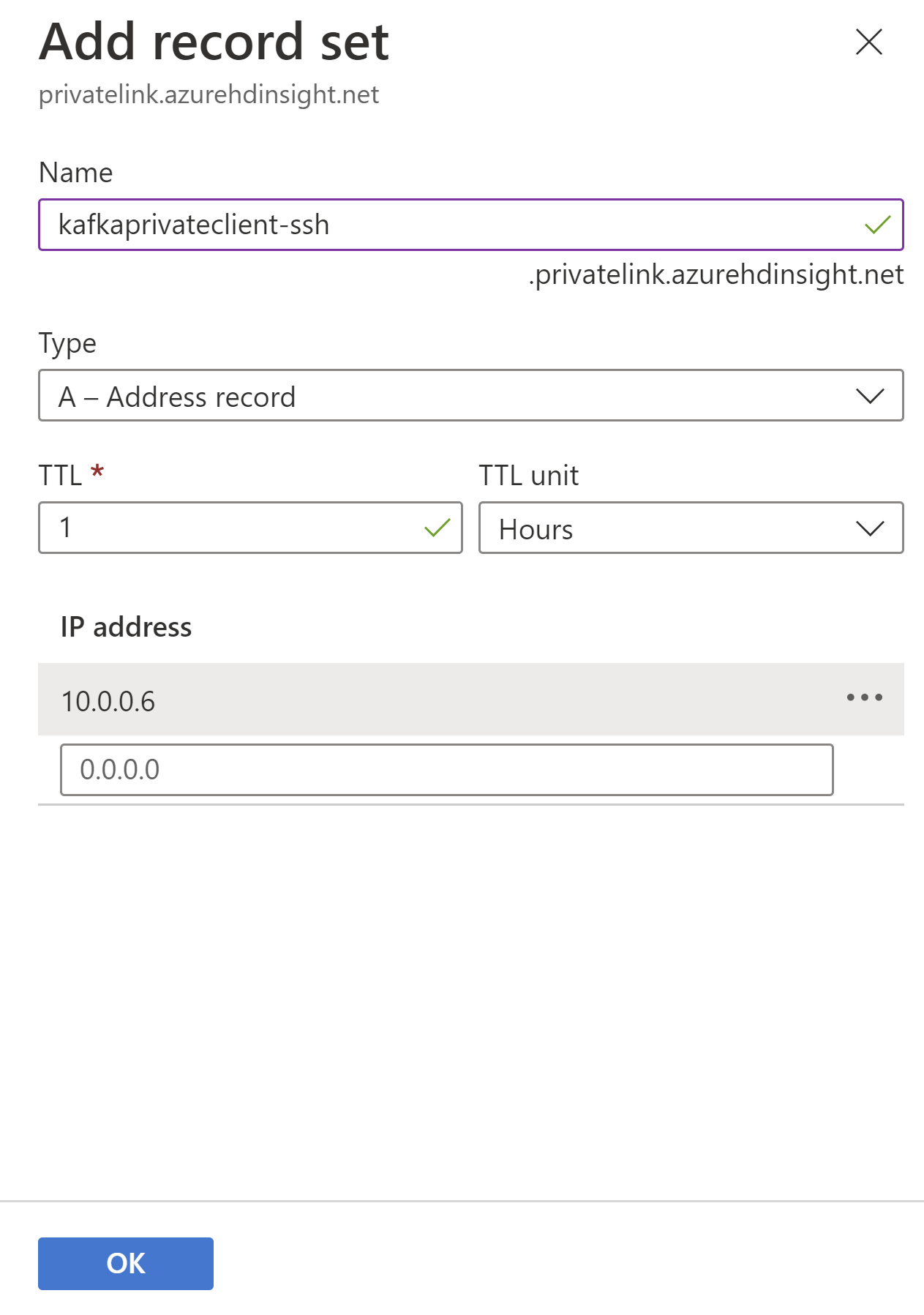 Diagramma della zona DNS del collegamento privato per aggiungere un record SSH.