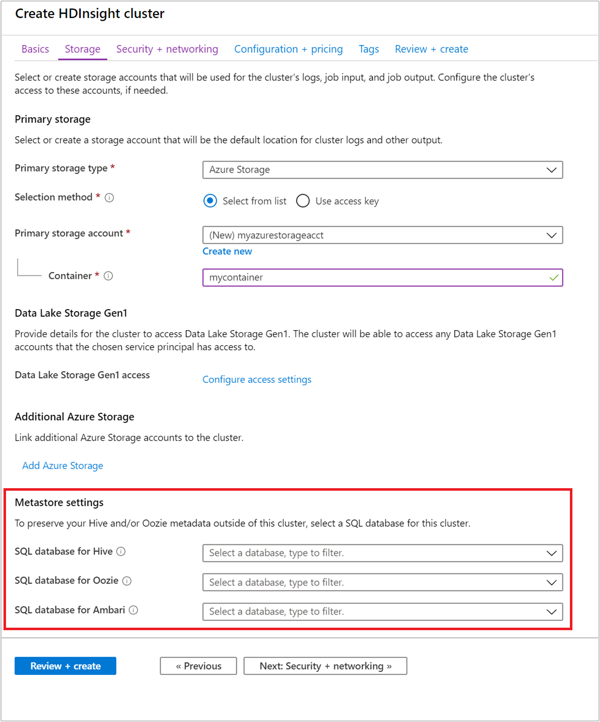 Portale di Azure dell'archivio dei metadati Hive di HDInsight.