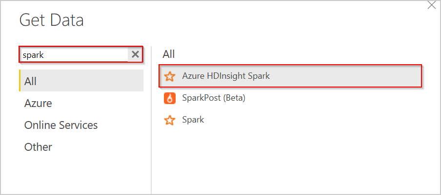 Screenshot che mostra come ottenere dati in Power BI da Apache Spark BI.