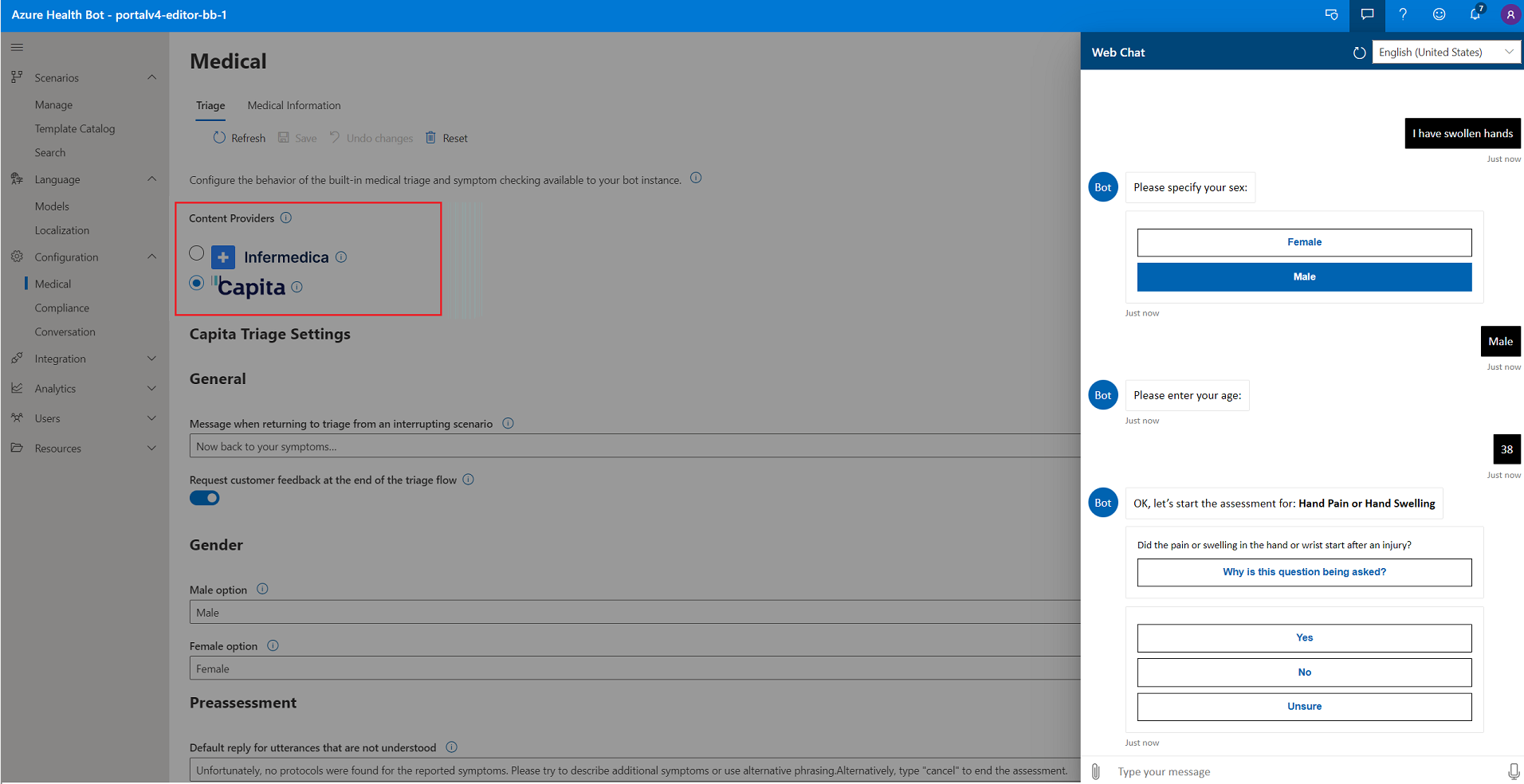 Screenshot of the built-in symptom checkers and triage