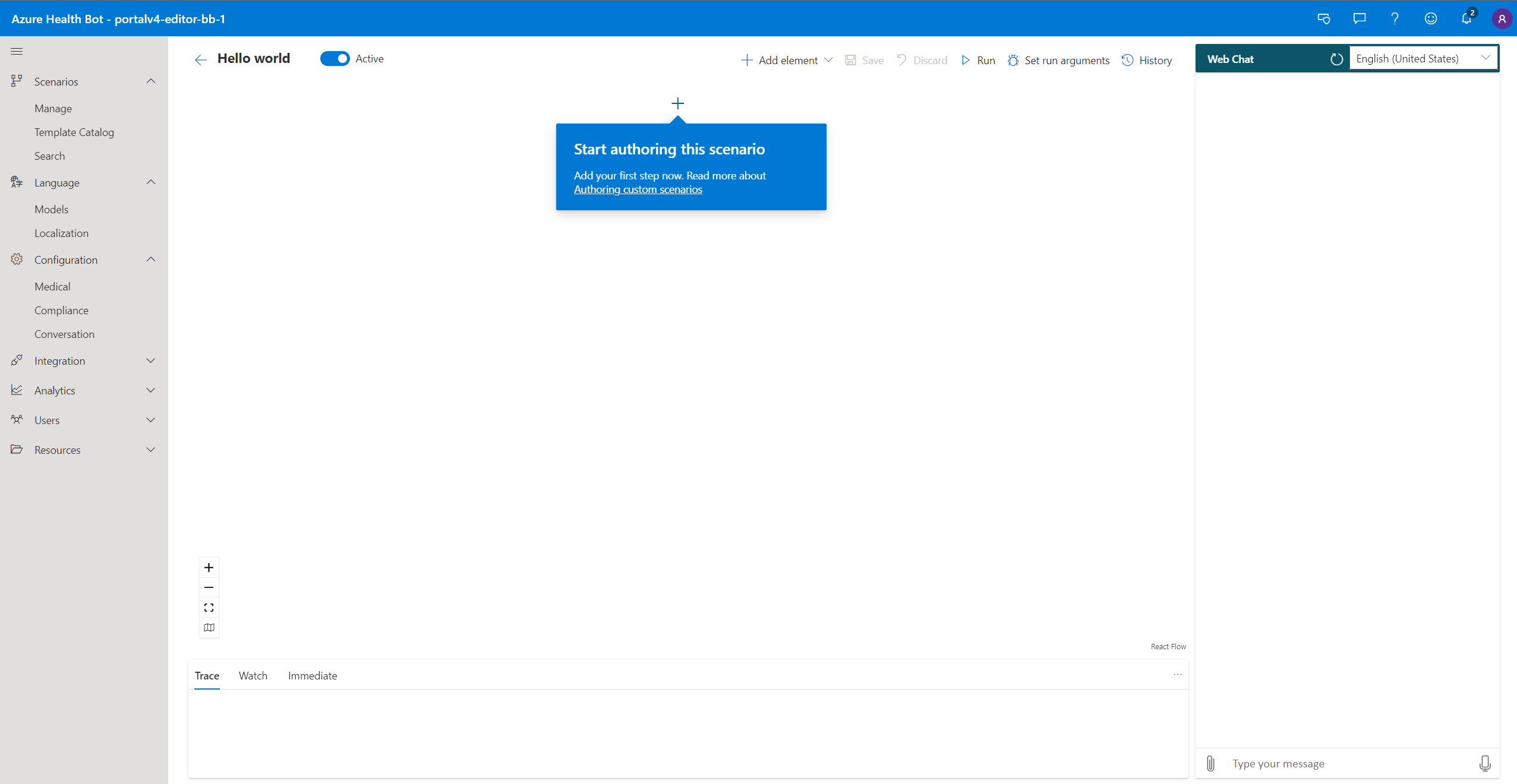 a screenshot of the Azure AI Health Bot scenario editor