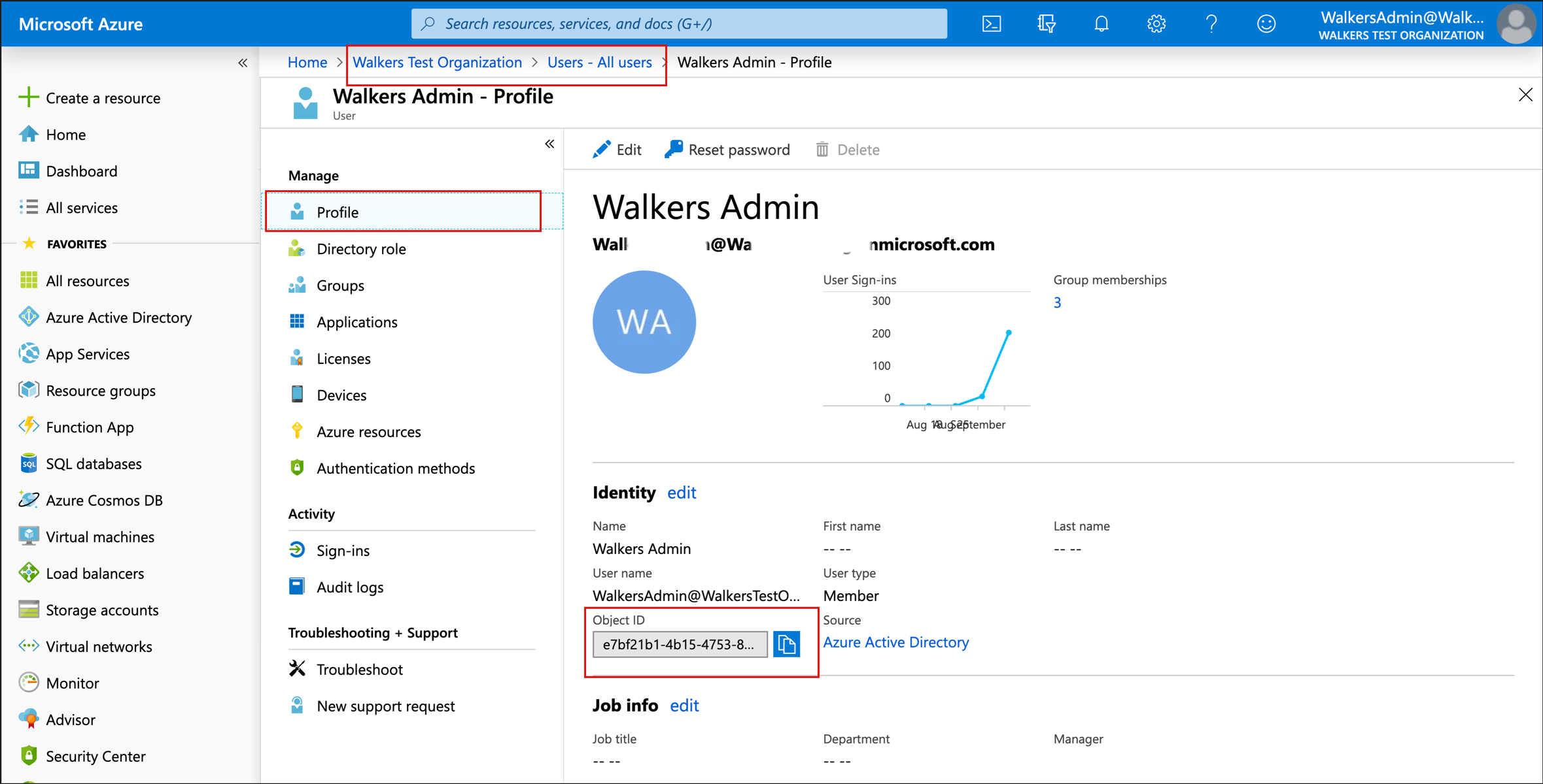 Screen shot of user object ID in Azure portal