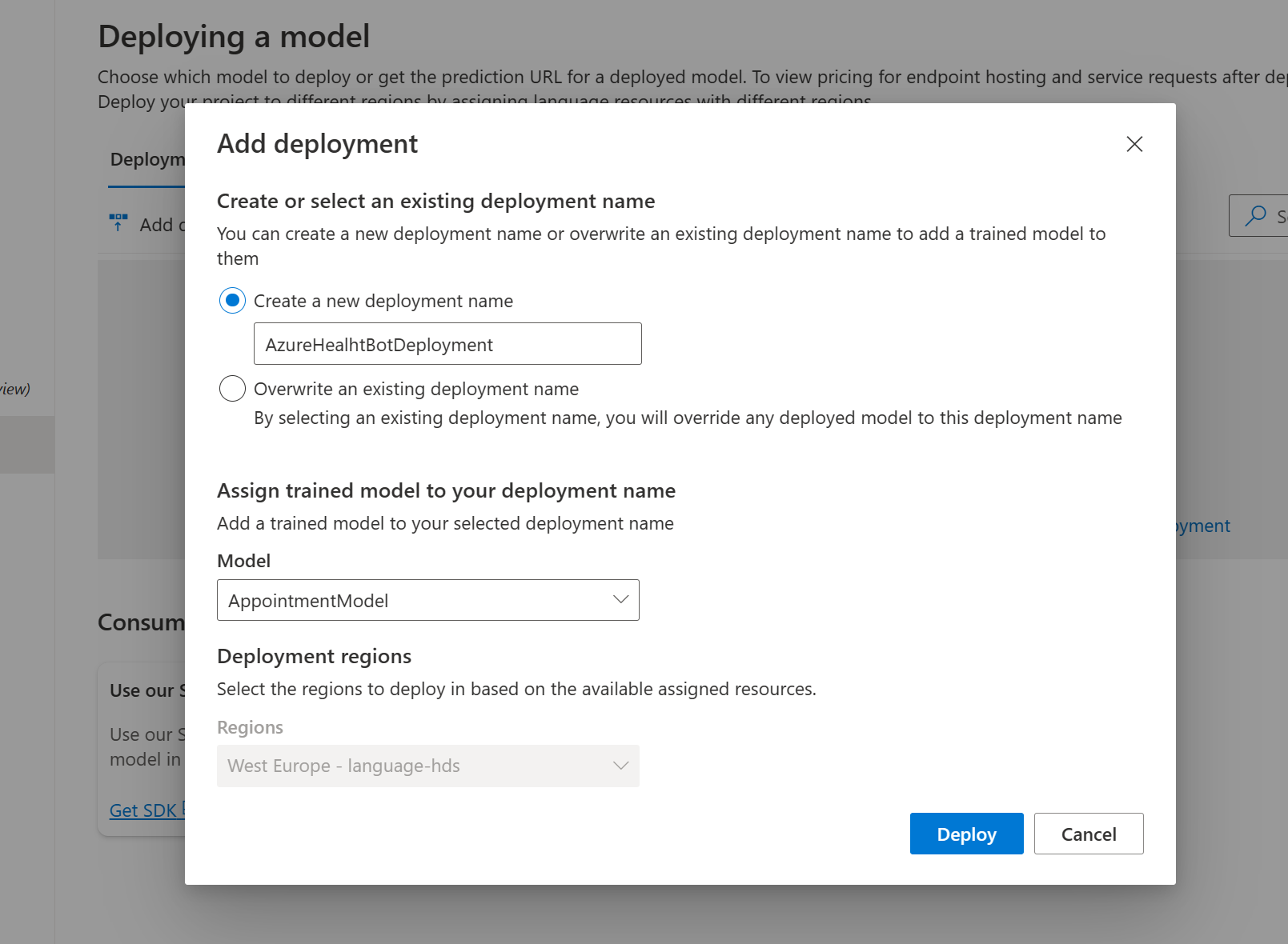 Screenshot of the language studio, deploying the model for conversational language understanding