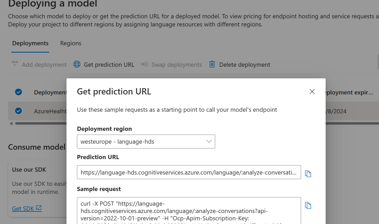 Screenshot of the language studio, deployed the model for conversational language understanding