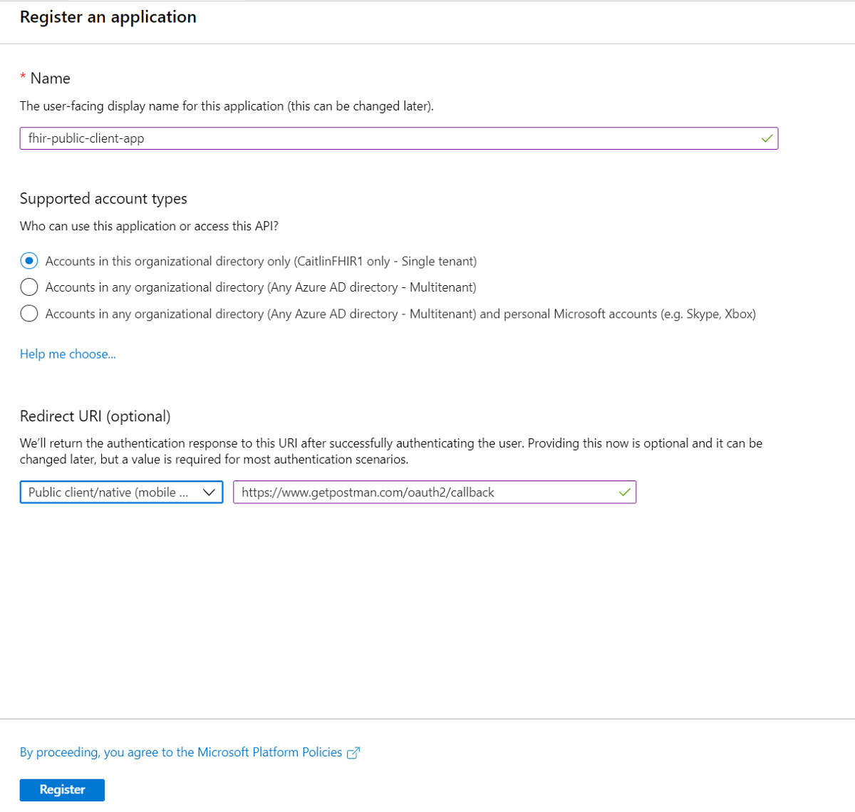 Screenshot of the Register an application pane, and an example application name and redirect URL.