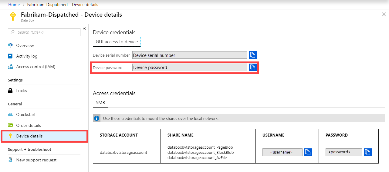 Screenshot di Dettagli dispositivo per un dispositivo Data Box nella portale di Azure. La voce di menu Dettagli dispositivo e l'opzione Password dispositivo sono evidenziate.