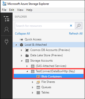 Screenshot che mostra il menu Explorer con l'opzione Contenitori BLOB selezionata.