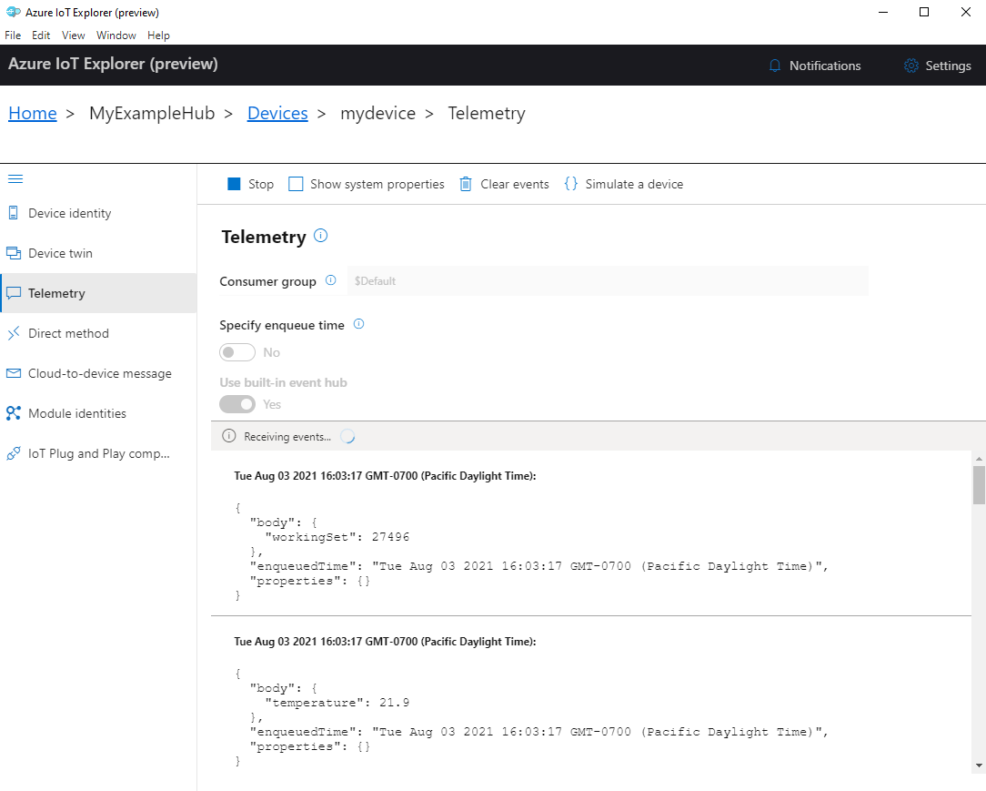 Screenshot dei dati di telemetria dei dispositivi in IoT Explorer