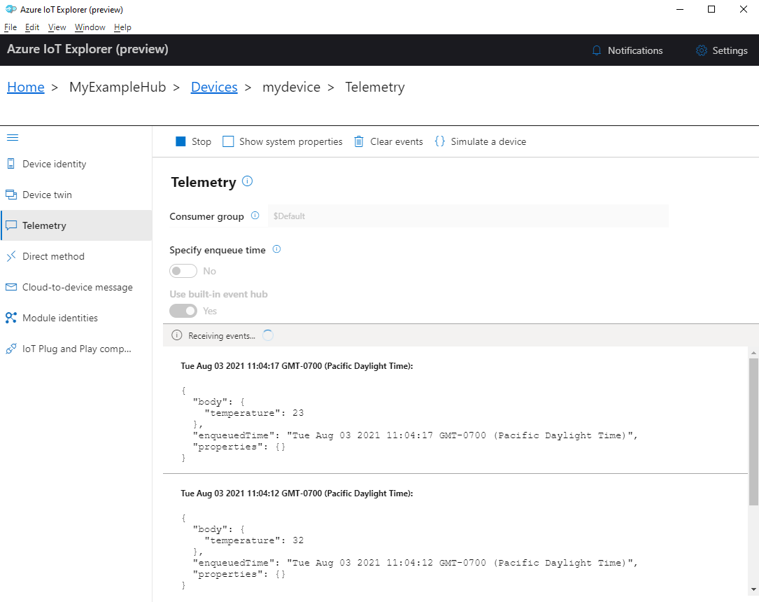 Screenshot dei dati di telemetria dei dispositivi in IoT Explorer