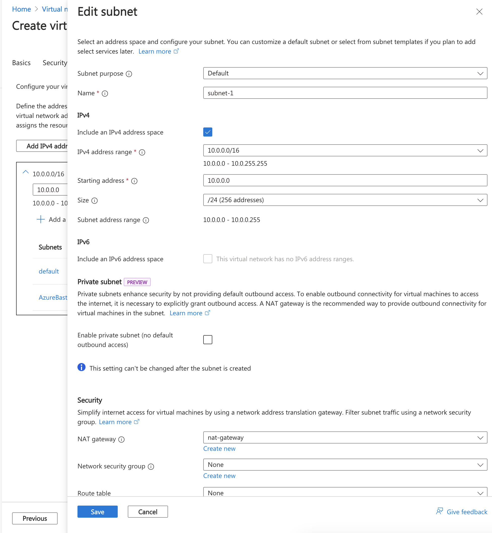 Screenshot della ridenominazione e della configurazione della subnet predefinita.