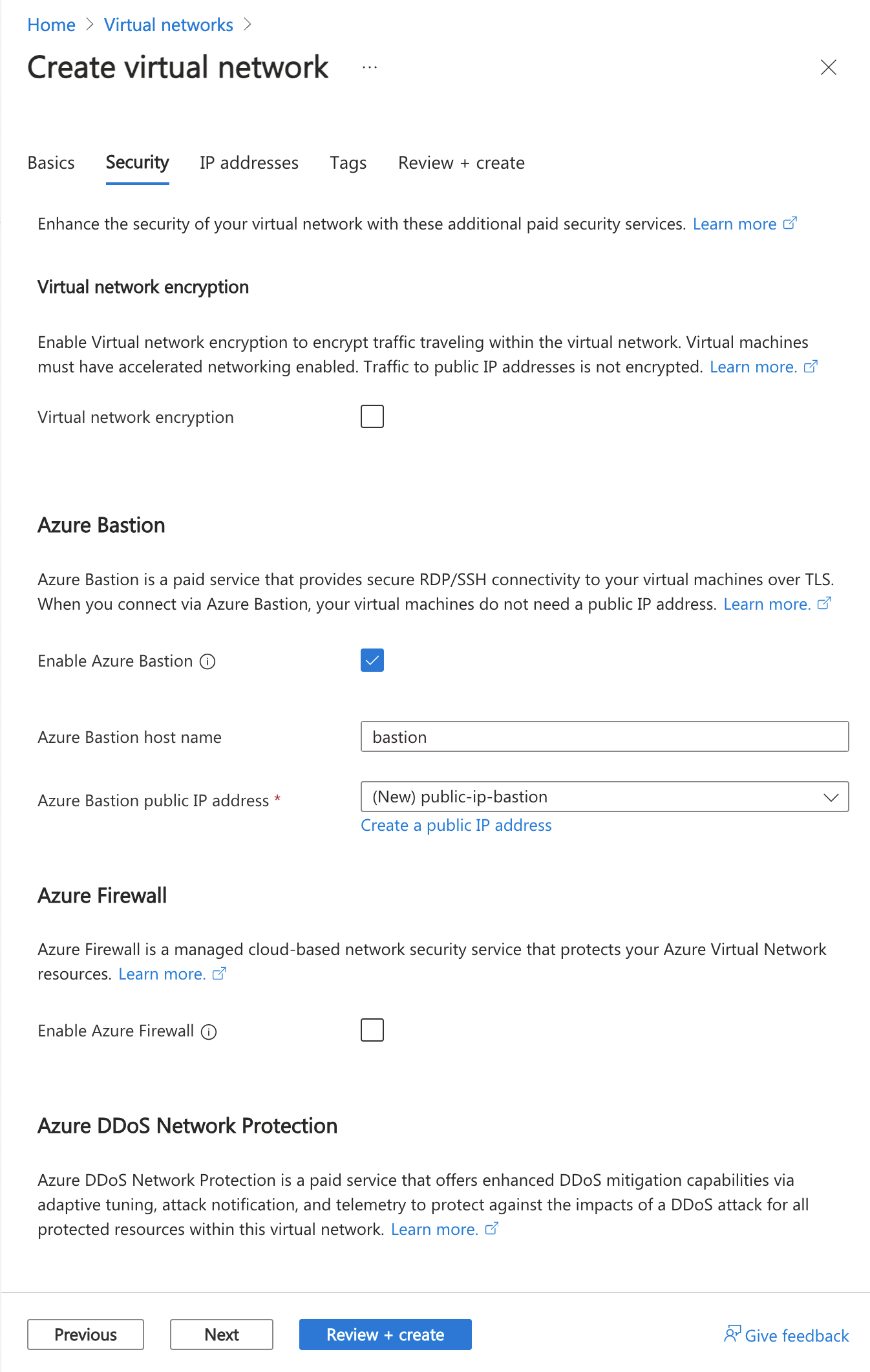 Screenshot dell'abilitazione dell'host bastion in Creare una rete virtuale nel portale di Azure.