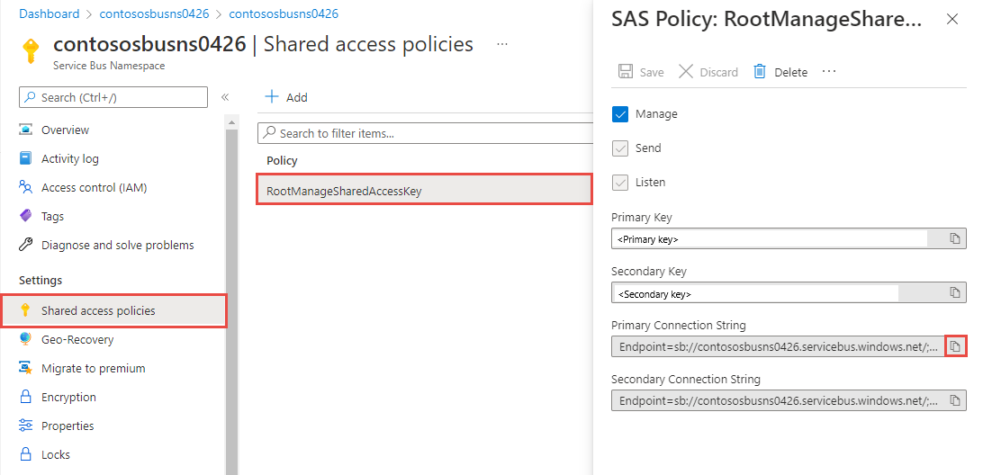 Screenshot che mostra un criterio di firma di accesso condiviso denominato RootManageSharedAccessKey, che include chiavi e stringa di connessione.