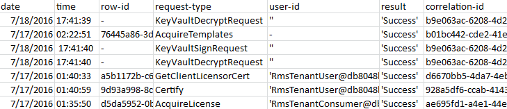 file di log in Excel in cui viene usata la chiave del tenant