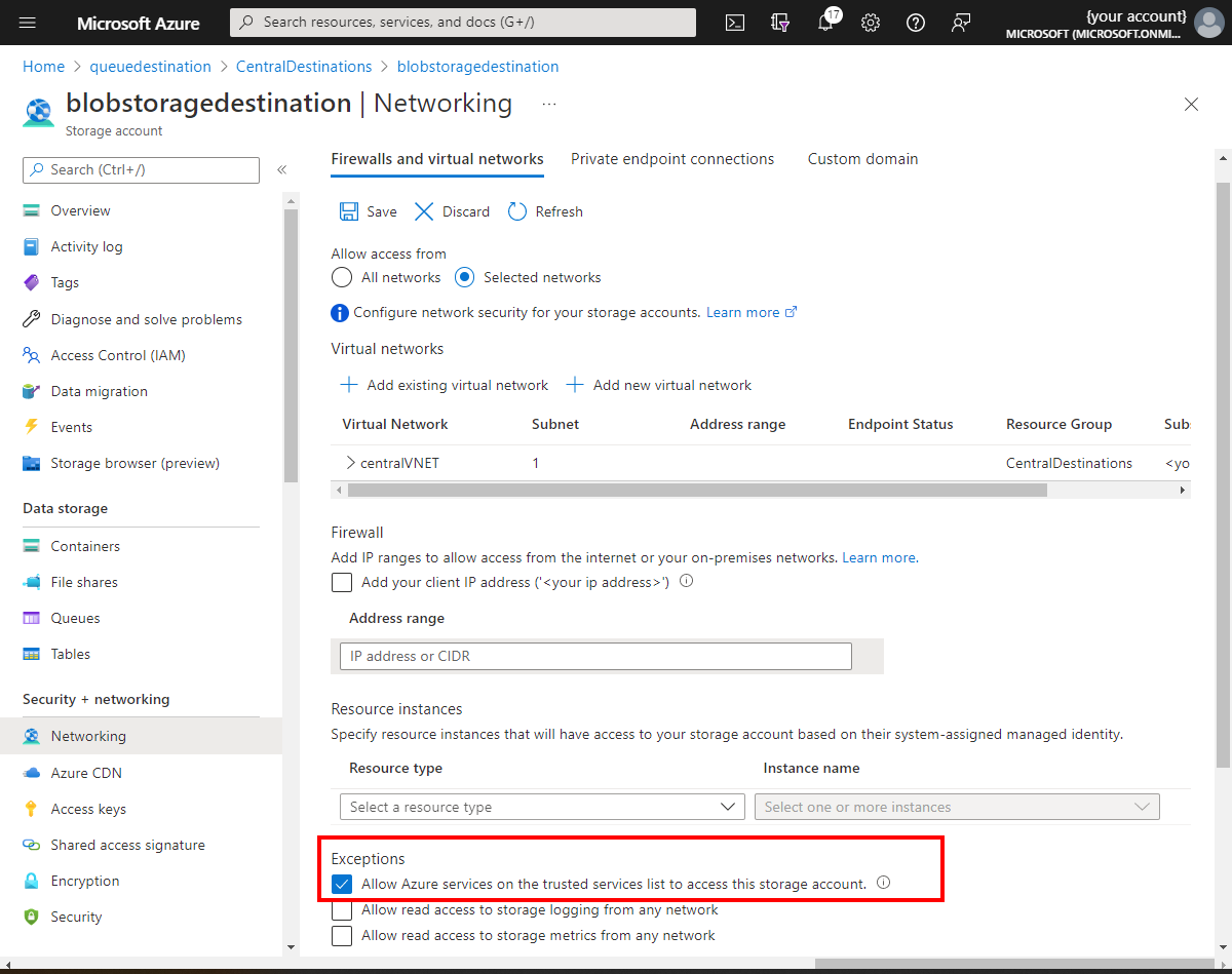 Screenshot da portale di Azure che mostra l'eccezione del firewall per Archiviazione BLOB di Azure rete virtuale.