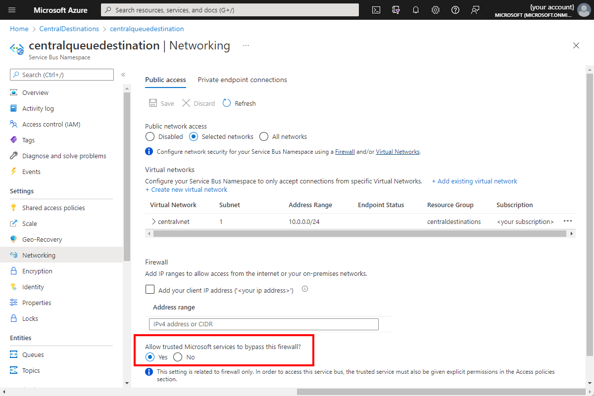 Screenshot da portale di Azure che mostra l'eccezione del firewall per bus di servizio di Azure rete virtuale.