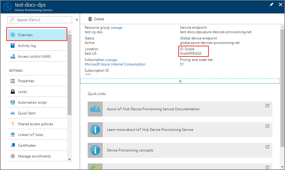 Extract Device Provisioning Service endpoint information from the portal blade