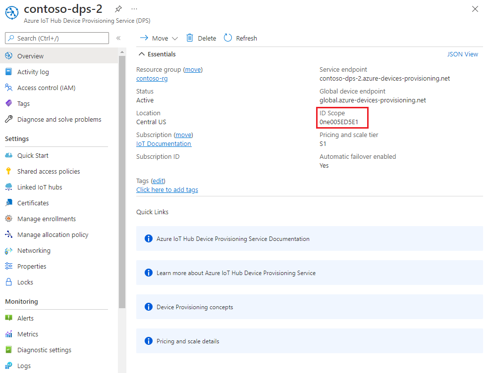 Estrarre le informazioni dell'endpoint del servizio Device Provisioning dal pannello del portale