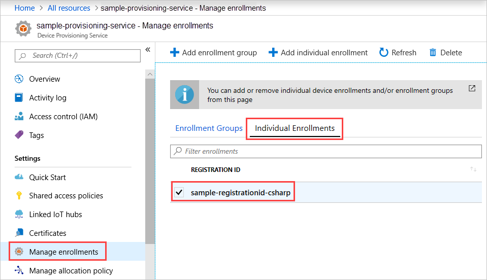 Screenshot che mostra la verifica della registrazione per un singolo dispositivo C# nel portale.