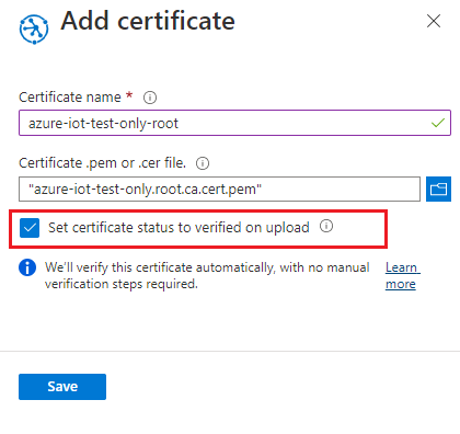 Screenshot che mostra l'aggiunta del certificato CA radice e lo stato del certificato impostato su verificato al caricamento selezionato.