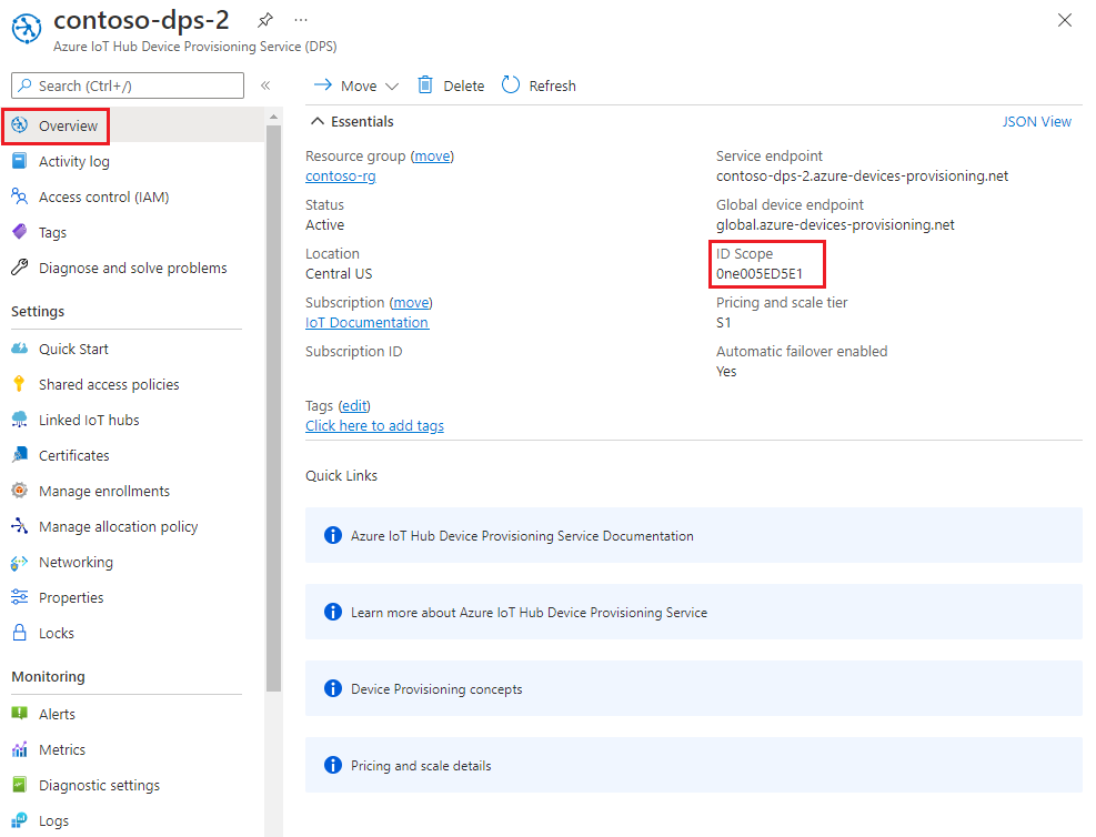 Screenshot che mostra l'ambito ID nel riquadro di panoramica del servizio Device Provisioning.