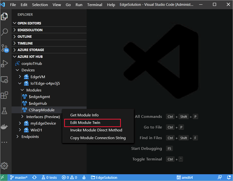 Screenshot che mostra come ottenere un modulo gemello da modificare in Visual Studio Code.