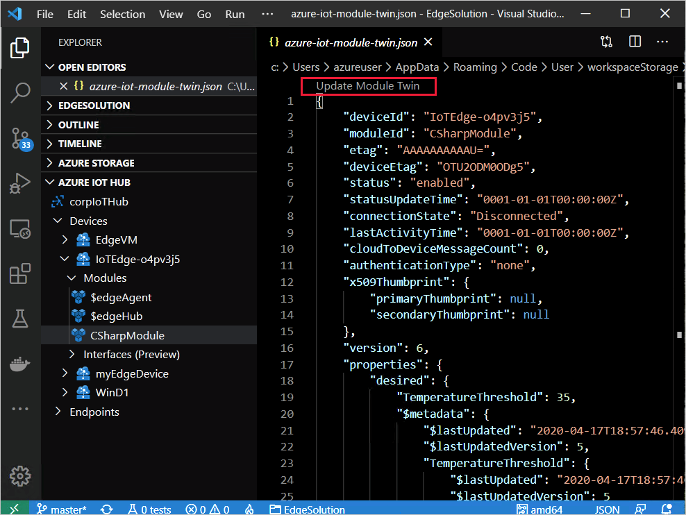 Screenshot che mostra come aggiornare un modulo gemello in Visual Studio Code.