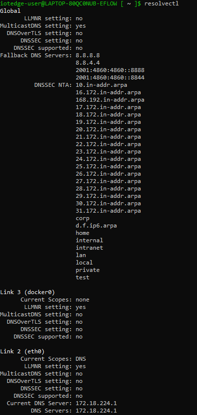 Screenshot della console che mostra l'output di esempio del comando resolvectl.