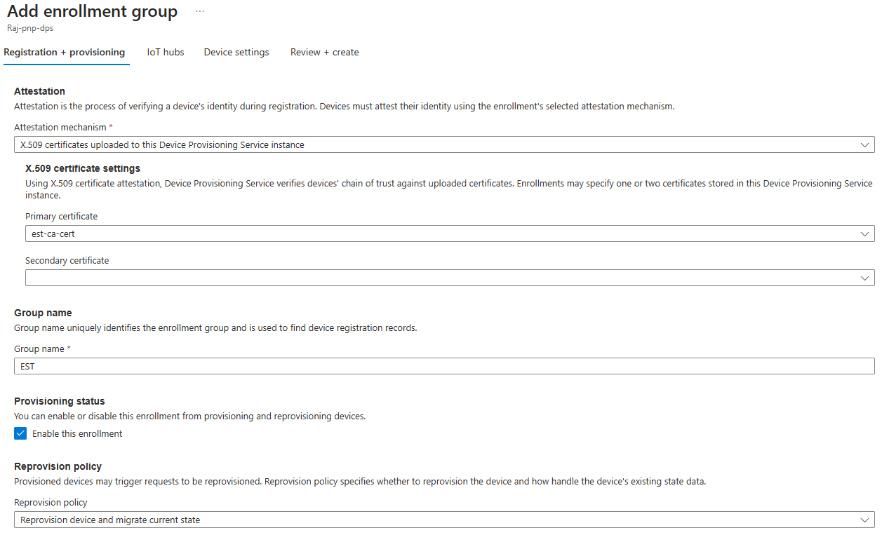 Screenshot che aggiunge un gruppo di registrazione del servizio Device Provisioning usando il portale di Azure.