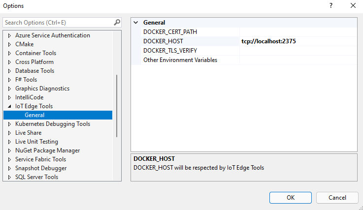 Screenshot delle impostazioni degli strumenti di IoT Edge