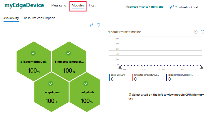 Selezionare la visualizzazione moduli per visualizzare lo stato di ogni modulo distribuito nel dispositivo.