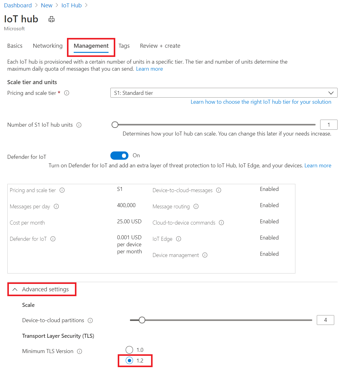 Screenshot che mostra come attivare l'imposizione di TLS 1.2 durante la creazione dell'hub IoT