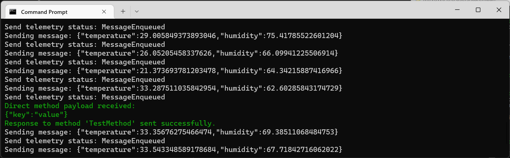 Screenshot that shows the device confirming that the direct method was received.