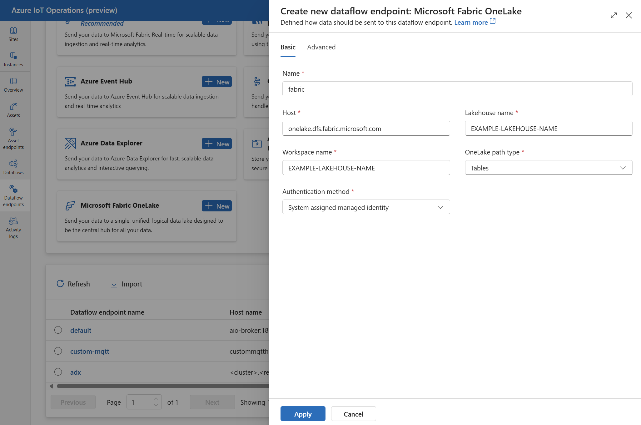 Screenshot che usa l'esperienza operativa per creare un endpoint del flusso di dati OneLake di Microsoft Fabric.