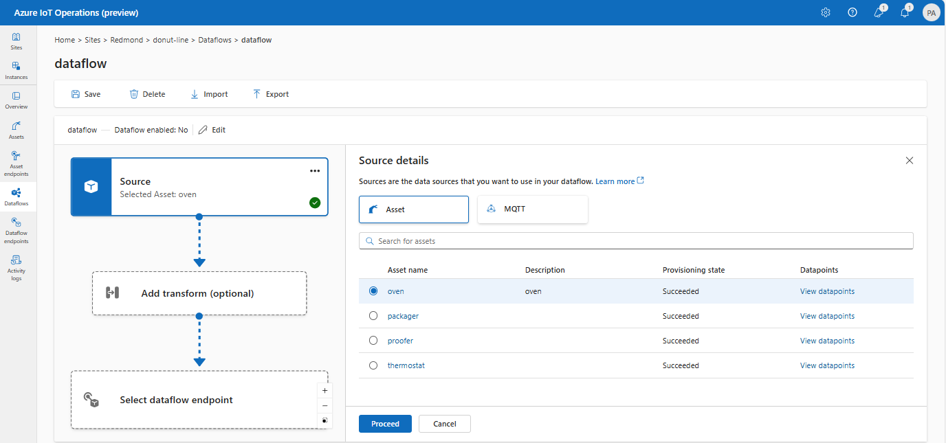 Screenshot che usa l'esperienza operativa per selezionare un asset come endpoint di origine.