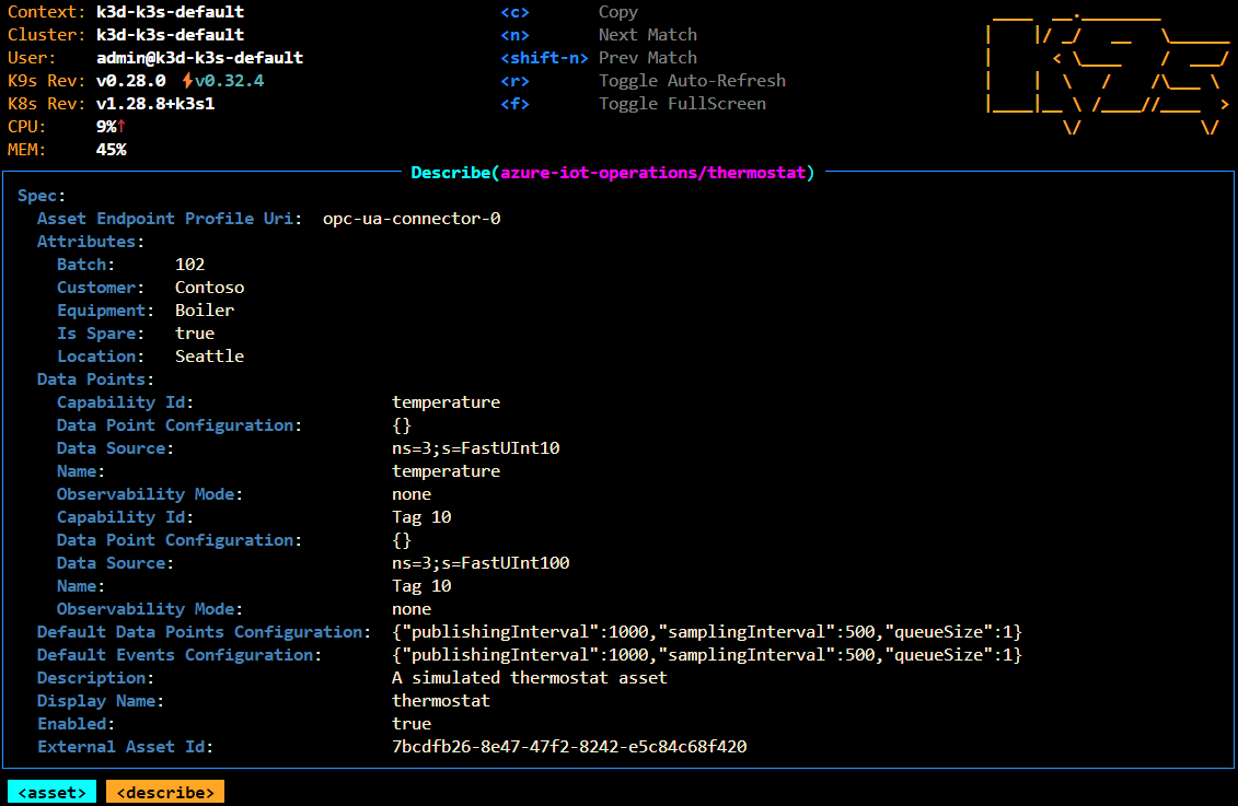 Screenshot che mostra l'asset del termostato come risorsa personalizzata Kubernetes.