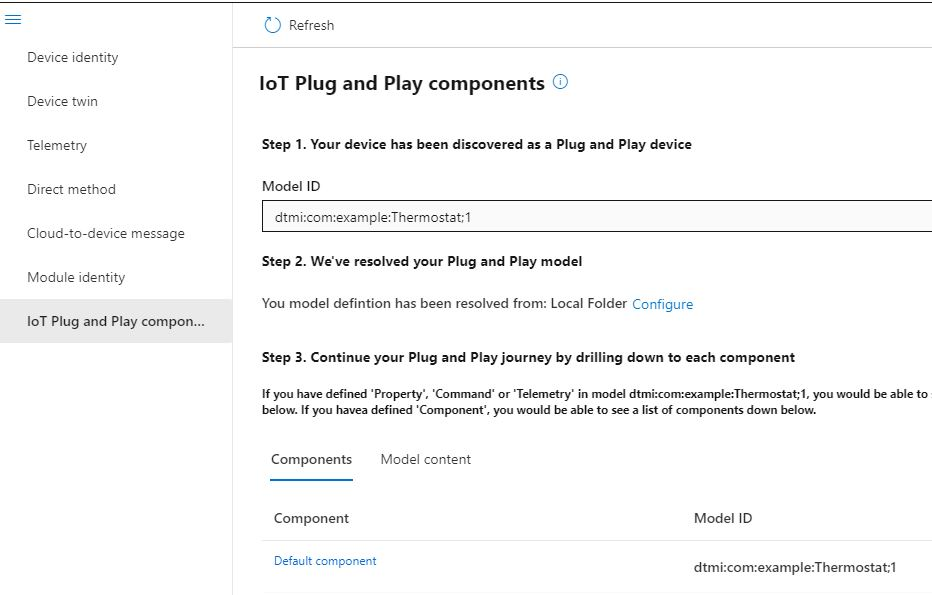 Screenshot che mostra il componente predefinito nello strumento Azure IoT Explorer.