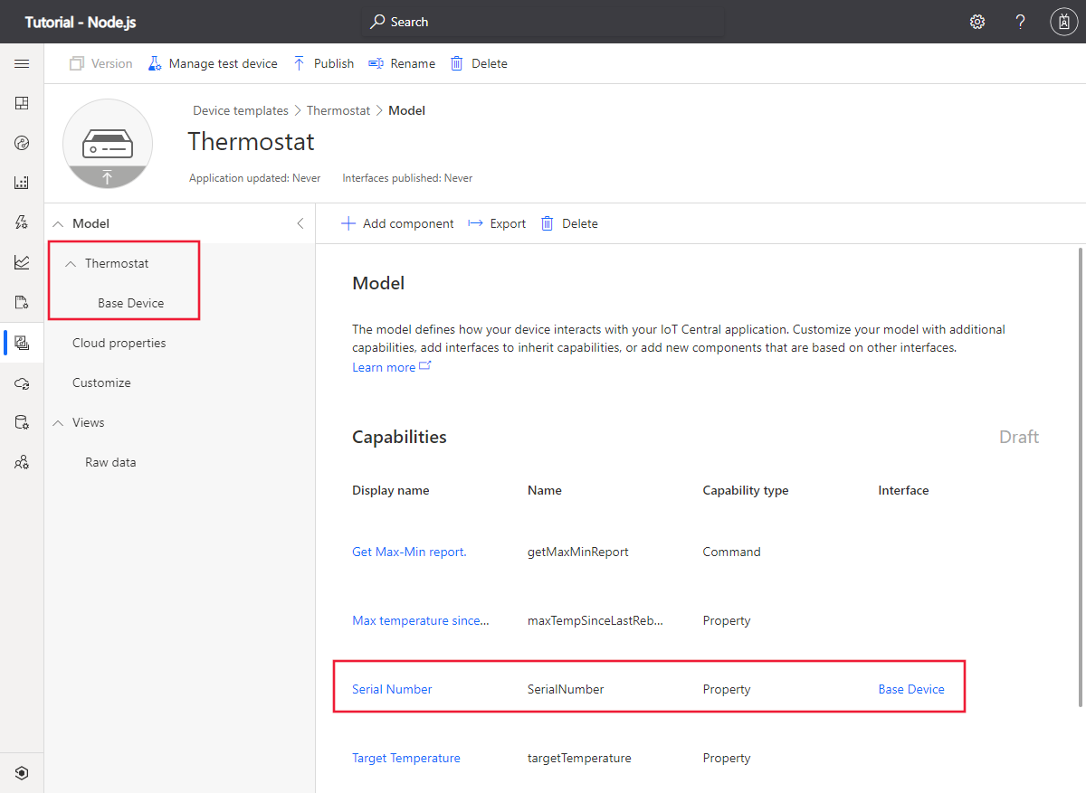 Screenshot che mostra l'ereditarietà dell'interfaccia in IoT Central.