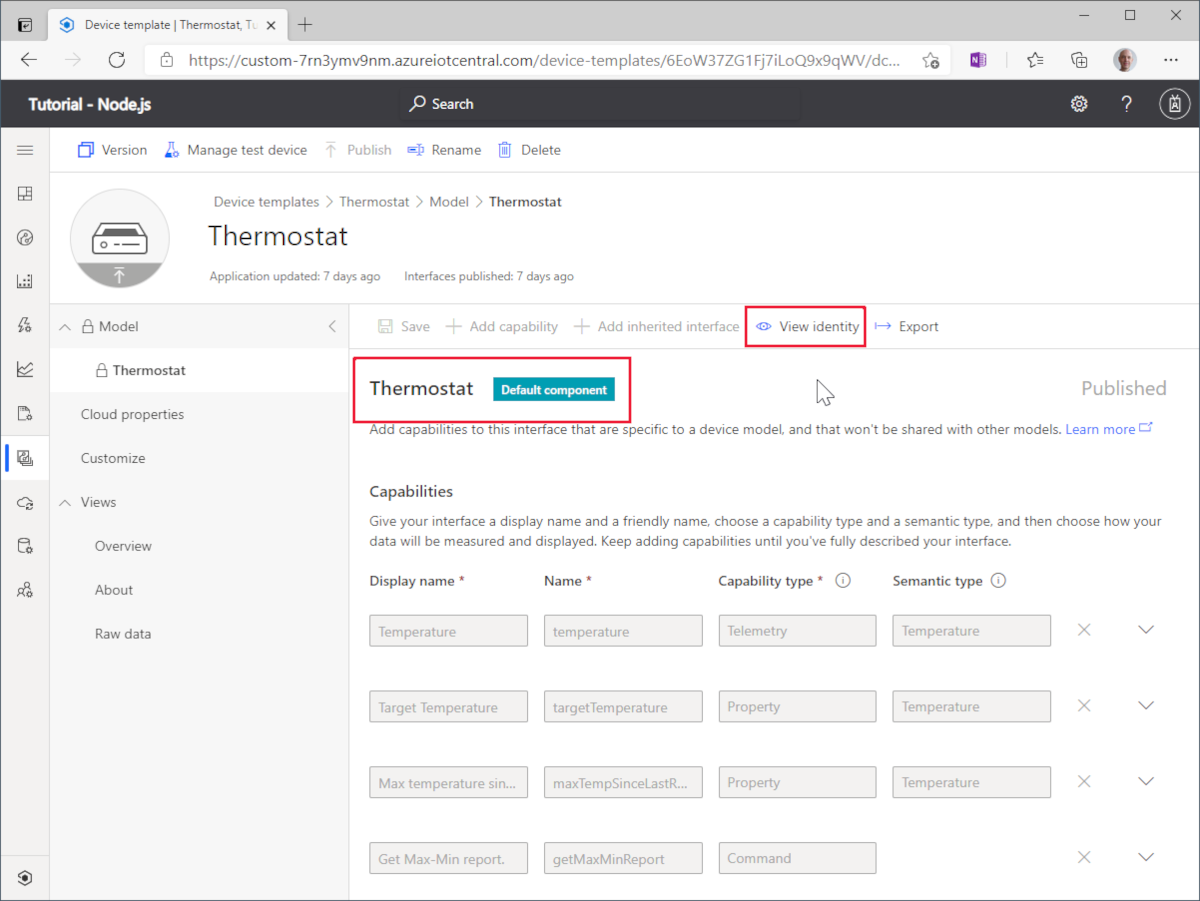 Screenshot che mostra il modello Thermostat nello strumento di progettazione modelli di dispositivo IoT Central.