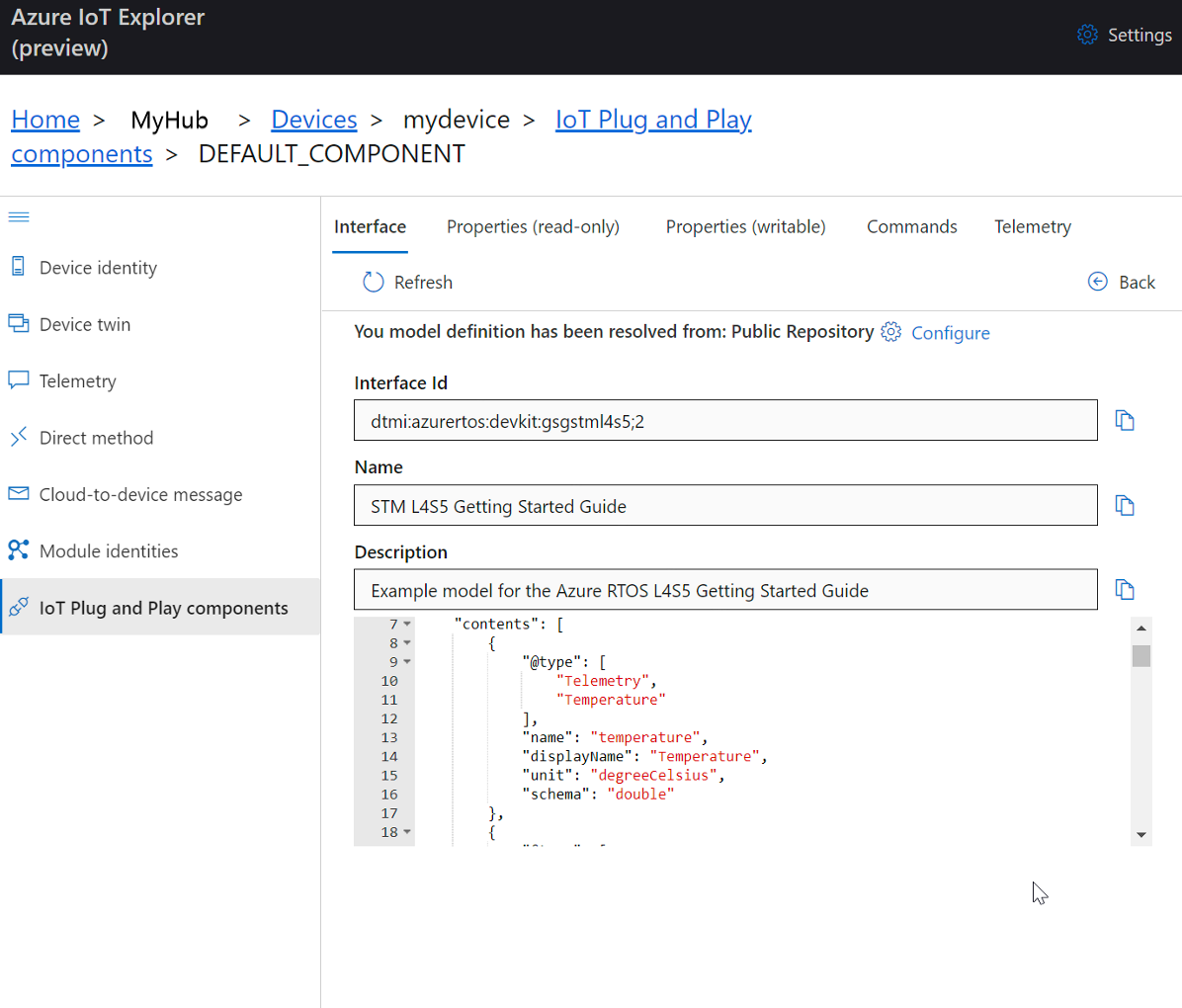 Screenshot del componente predefinito STM DevKit in IoT Explorer.