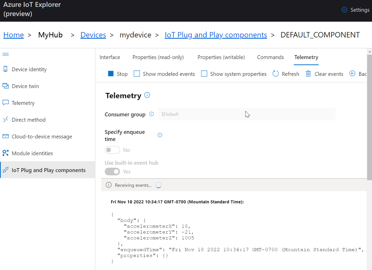 Screenshot dei dati di telemetria dei dispositivi in IoT Explorer.