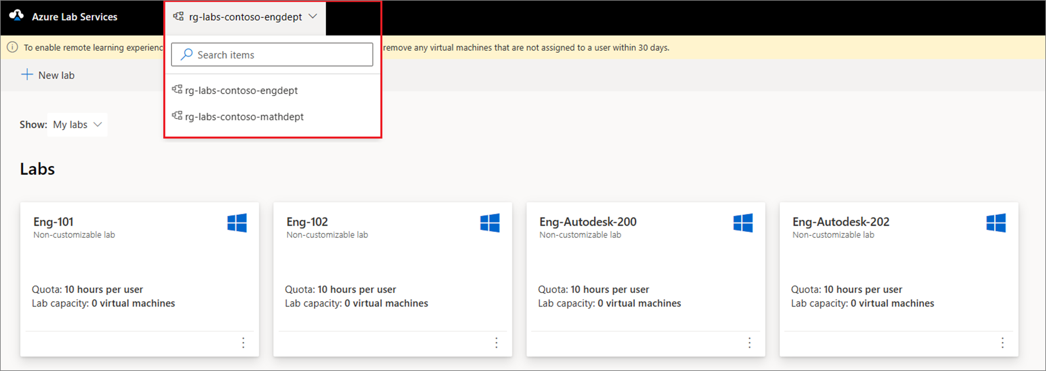 Screenshot che mostra come scegliere tra gruppi di risorse nel sito Web di Azure Lab Services.