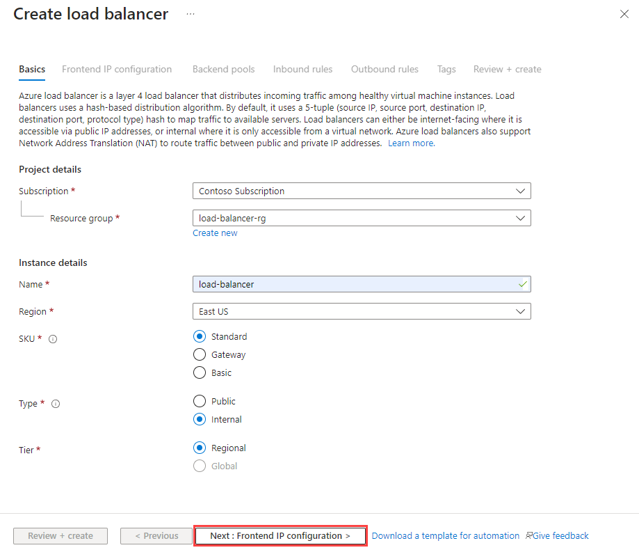 Screenshot della scheda Nozioni di base di Load Balancer Standard.