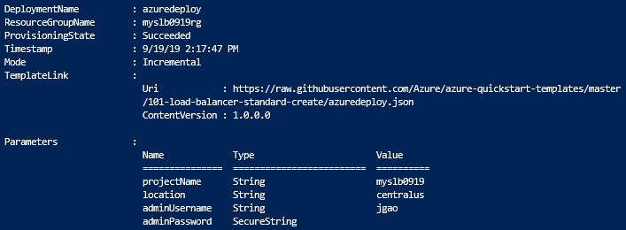 Modello di Resource Manager per Azure Load Balancer Standard: output della distribuzione con PowerShell