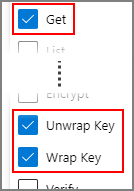 Screenshot che mostra le autorizzazioni di Azure Key Vault.