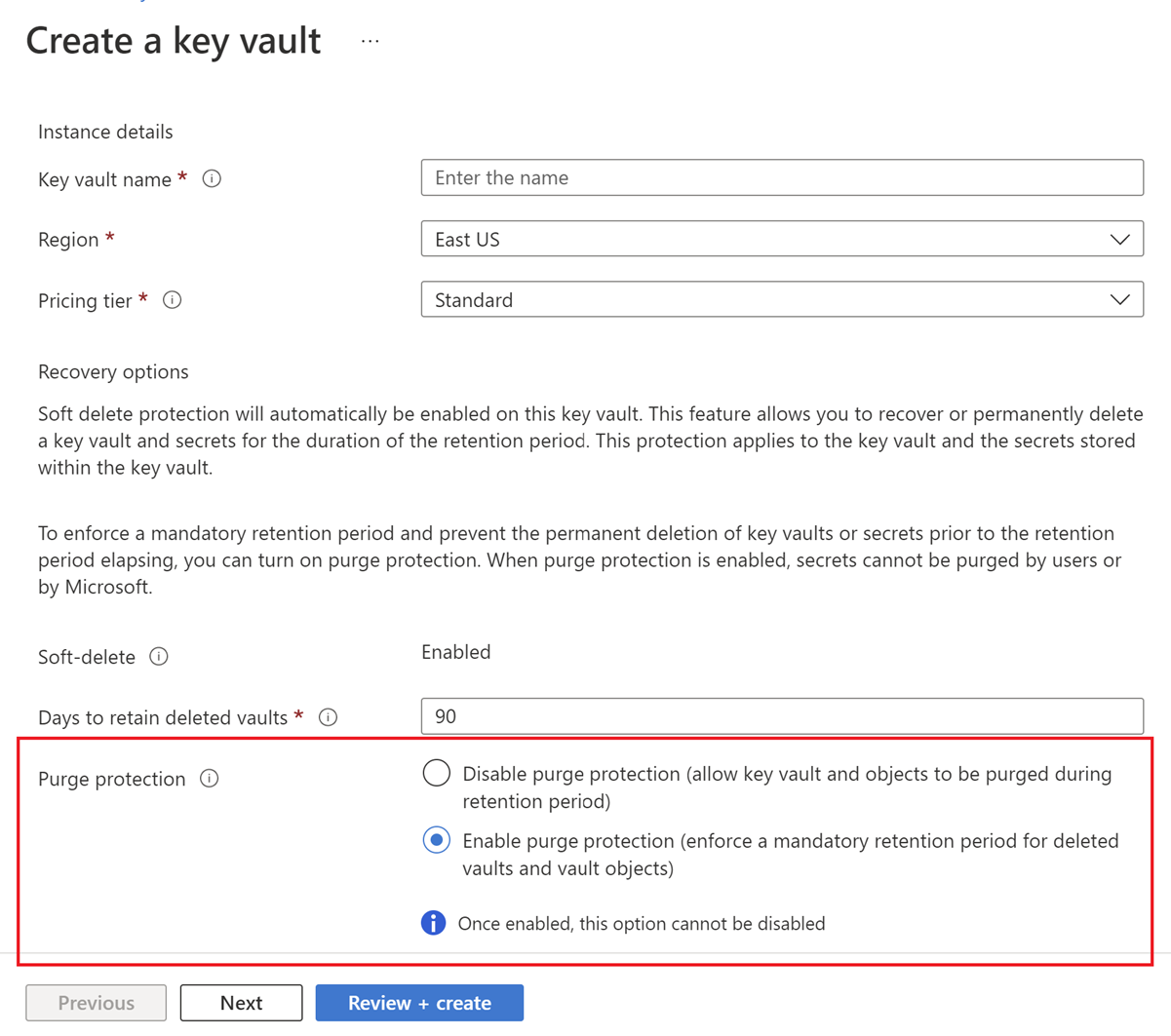 Screenshot che mostra come abilitare la protezione dalla rimozione definitiva durante la creazione di un nuovo insieme di credenziali delle chiavi nel portale di Azure.