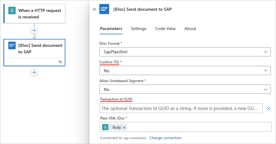 Screenshot che mostra il flusso di lavoro Standard con l'azione denominata IDOC Invia documento a SAP.