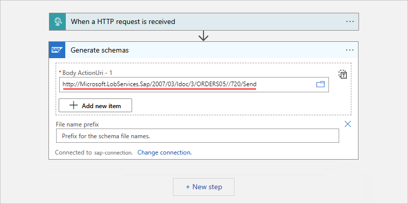 Screenshot che mostra il flusso di lavoro a consumo e l'immissione manuale di un percorso di un'azione SAP.