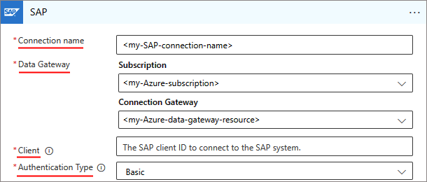 Screenshot che mostra le impostazioni di connessione SAP per Consumo.